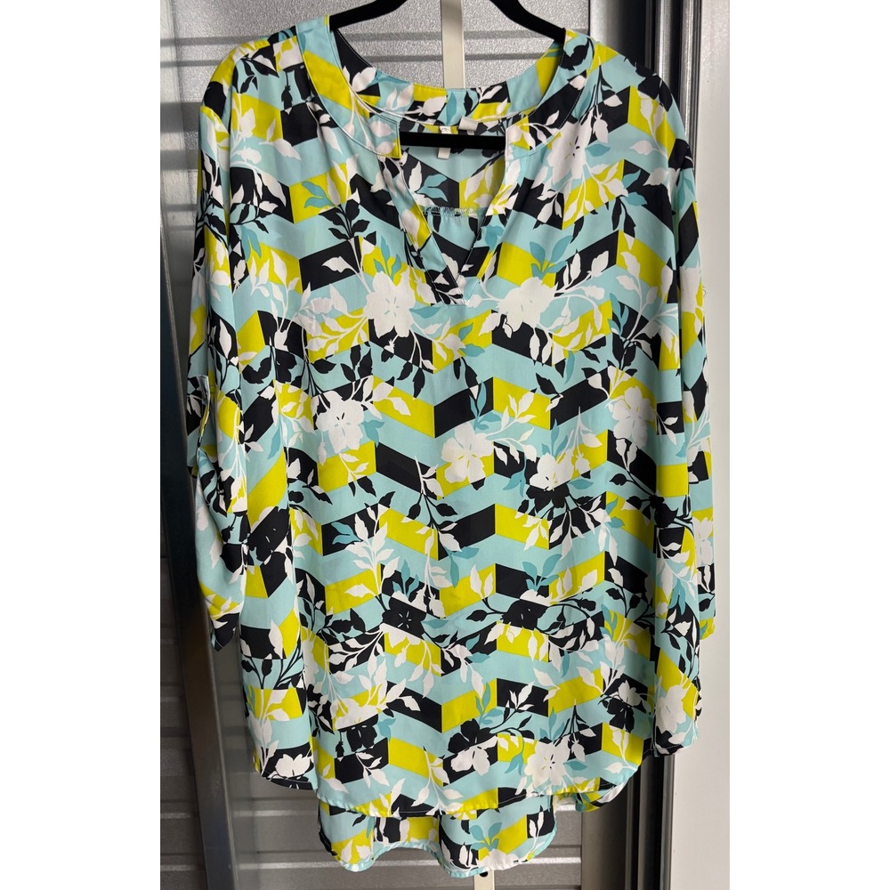 Cato Floral Chevron Print Split Neck Blouse Teal Lime 22/24W